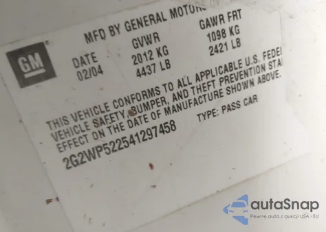 2004 Pontiac Grand Prix Gt1 z USA, uszkodzony, nr VIN 2G2WP522541297458